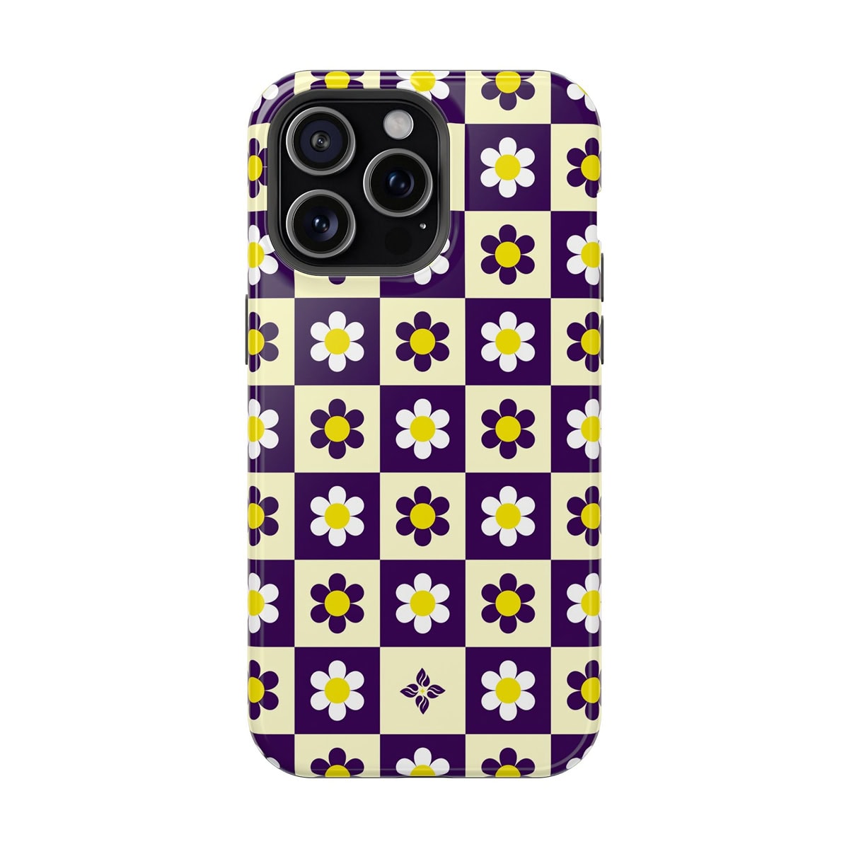 Vibrant floral checkered phone case with purple and white daisies and yellow accents, perfect for stylish protection and unique design.