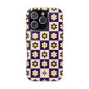 Vibrant purple and yellow floral checkered phone case featuring daisies, designed for stylish iPhone protection and aesthetic appeal.