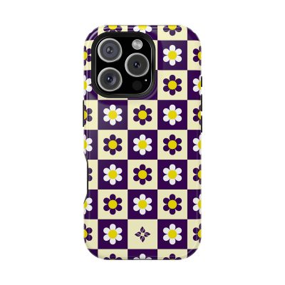 Vibrant purple and yellow floral checkered phone case featuring daisies, designed for stylish iPhone protection and aesthetic appeal.