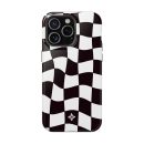 Unique black and white checkered phone case design with a floral logo, perfect for stylish smartphone protection and personalized accessories.