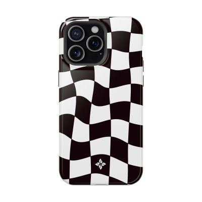 Unique black and white checkered phone case design with a floral logo, perfect for stylish smartphone protection and personalized accessories.