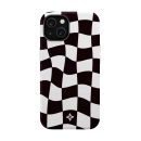 Checkerboard patterned phone case with black and white squares and a small floral logo at the bottom. Crafted for iPhone models, this stylish, protective accessory adds a modern touch to your device.