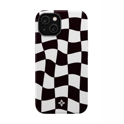 Checkerboard patterned phone case with black and white squares and a small floral logo at the bottom. Crafted for iPhone models, this stylish, protective accessory adds a modern touch to your device.
