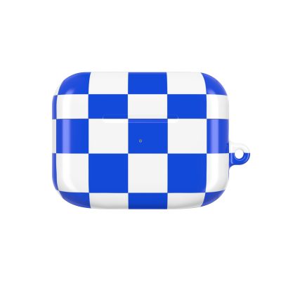 Bright blue and white checkered AirPods case cover, stylish and protective accessories for wireless earbuds, featuring a bold fashionable pattern.