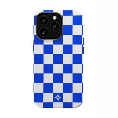 Checkerboard pattern phone case with blue and white squares, designed for style and protection, compatible with modern smartphones. Perfect for tech fashion lovers.