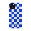 Checkerboard pattern phone case in blue and white with floral logo design.