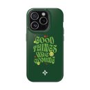 Vivid green phone case featuring the quote "Good Things Are Coming" with smiley face and star doodles, perfect for uplifting and motivational smartphone accessories.
