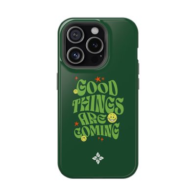 Vivid green phone case featuring the quote "Good Things Are Coming" with smiley face and star doodles, perfect for uplifting and motivational smartphone accessories.