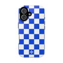 Checkerboard blue and white pattern phone case for iPhone, stylish and protective design.