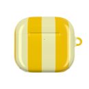 Bright yellow and cream striped AirPods case with a small loop on the side for easy attachment. Stylish protective accessory for wireless earbuds, combining functionality with vibrant design.