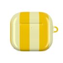 Bright yellow and cream striped AirPods case with a small loop on the side for easy attachment. Stylish protective accessory for wireless earbuds, combining functionality with vibrant design.