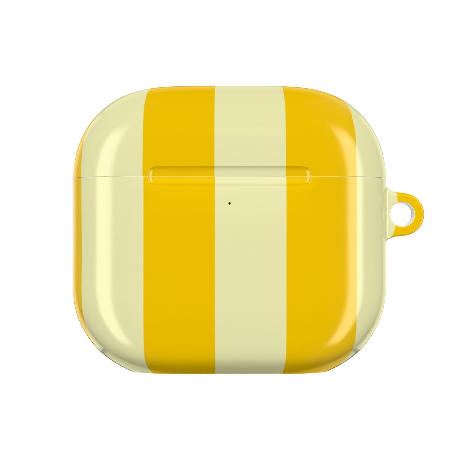 Bright yellow and cream striped AirPods case with a small loop on the side for easy attachment. Stylish protective accessory for wireless earbuds, combining functionality with vibrant design.