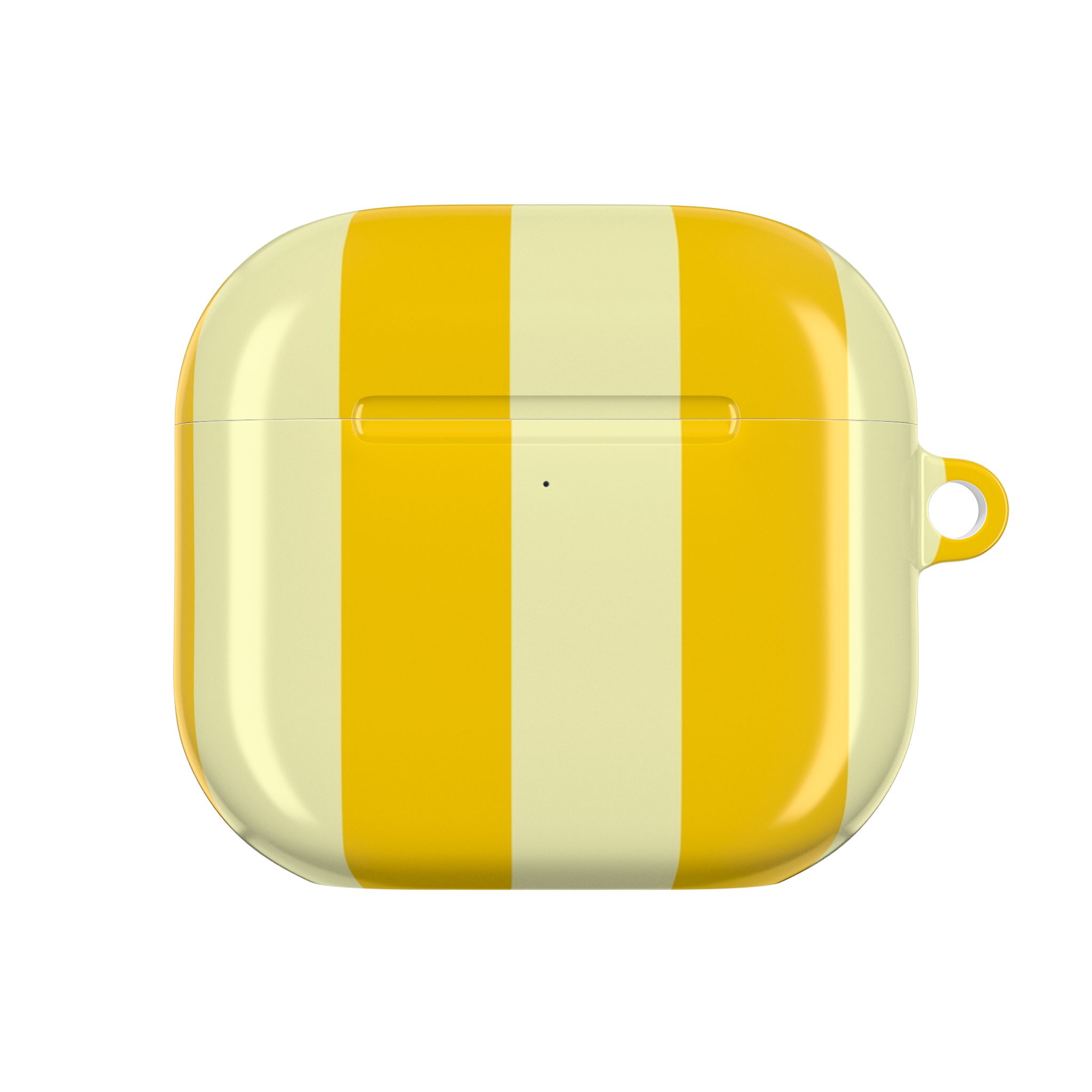 Bright yellow and cream striped AirPods case with a small loop on the side for easy attachment. Stylish protective accessory for wireless earbuds, combining functionality with vibrant design.