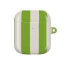 Bright green and white striped AirPods case with a glossy finish, featuring a small hanging loop for easy carrying; stylish accessory for personalized tech protection.