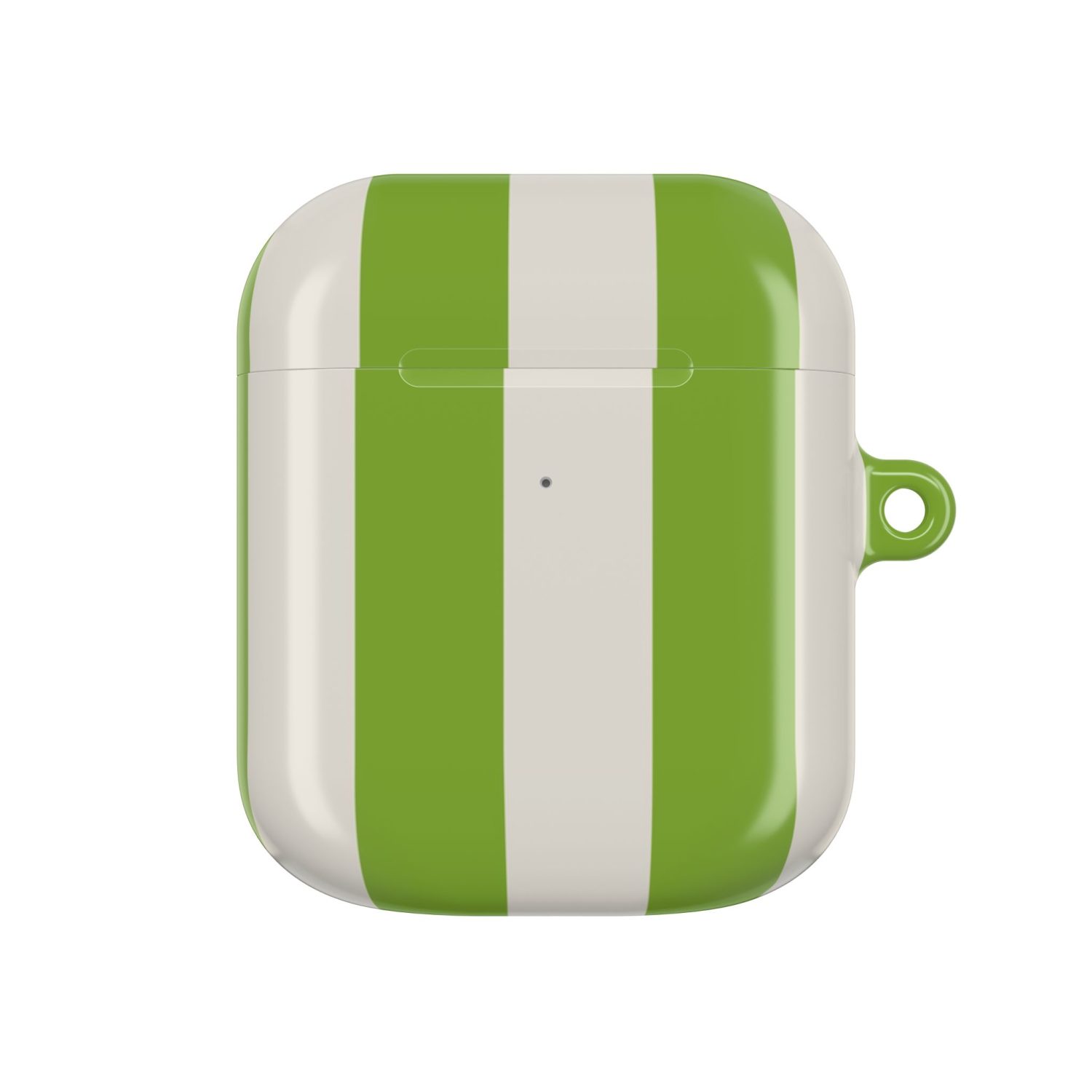 Bright green and white striped AirPods case with a glossy finish, featuring a small hanging loop for easy carrying; stylish accessory for personalized tech protection.