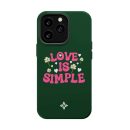Bright green phone case with pink "Love is Simple" text, surrounded by white hearts and flowers, blending minimalistic and floral design elements for a charming, positive message.