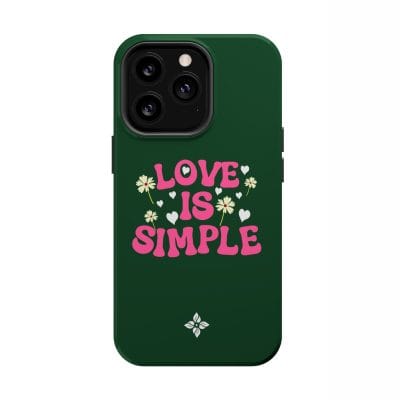 Bright green phone case with pink "Love is Simple" text, surrounded by white hearts and flowers, blending minimalistic and floral design elements for a charming, positive message.
