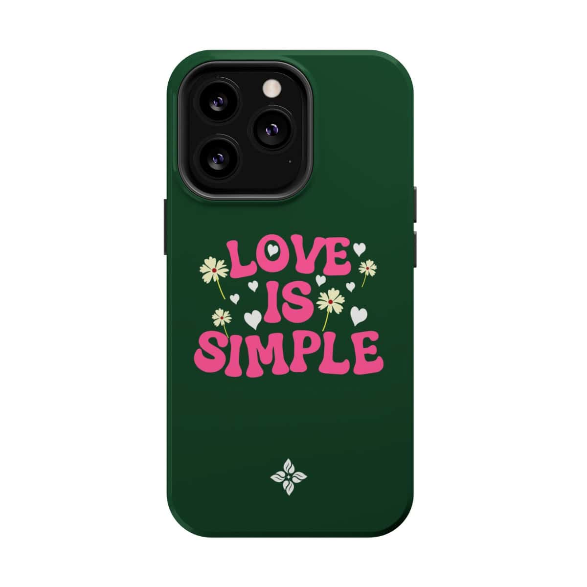 Bright green phone case with pink "Love is Simple" text, surrounded by white hearts and flowers, blending minimalistic and floral design elements for a charming, positive message.