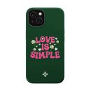 Love is simple phone case with pink text, white hearts, and daisies on a dark green background for inspirational and stylish mobile accessory.