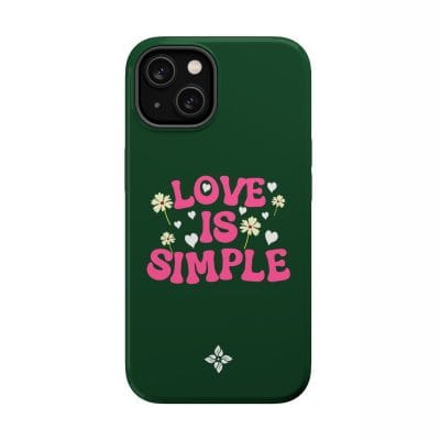 Love is simple phone case with pink text, white hearts, and daisies on a dark green background for inspirational and stylish mobile accessory.