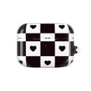 Checkered black and white earbuds case with heart patterns, stylish and trendy accessory for wireless earbuds. Ideal for music lovers and fashion-forward individuals, featuring a bold design.