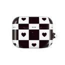 Checkered black and white earbuds case with heart patterns, stylish and trendy accessory for wireless earbuds. Ideal for music lovers and fashion-forward individuals, featuring a bold design.