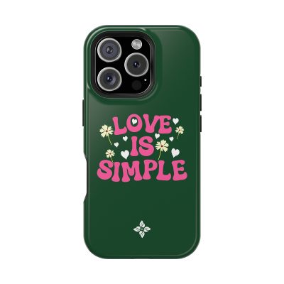 Vibrant green phone case with pink "Love Is Simple" text, surrounded by white flowers and hearts, designed for iPhone with triple-lens camera.