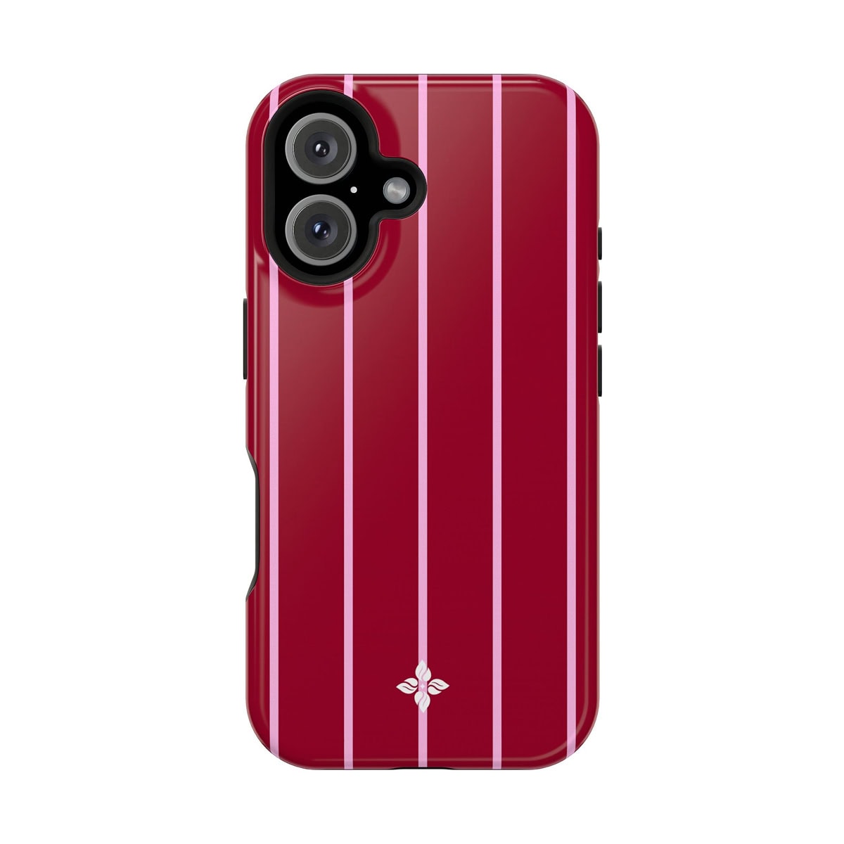 Vibrant red iPhone case with vertical pink and white stripe design, featuring the Florayn logo at the bottom, designed for stylish protection and personalized smartphone appearance.