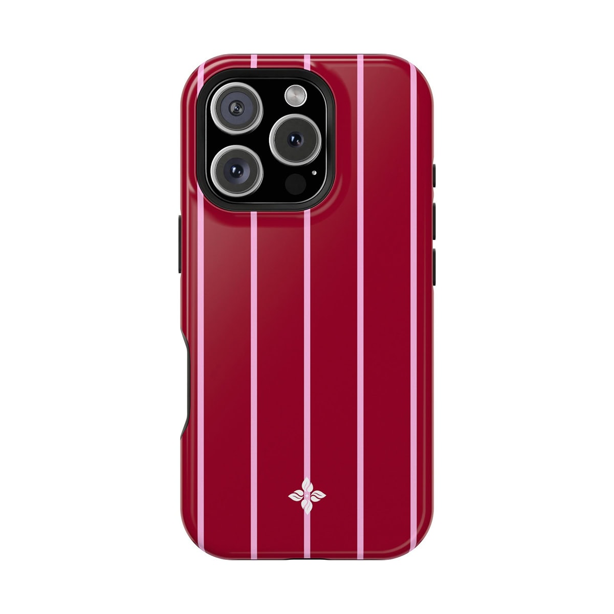Shiny red iPhone 13 Pro with a striped designer phone case featuring white vertical lines and a small white floral logo at the bottom.