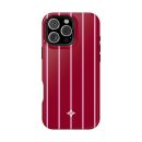 Luxury phone case with a stylish red background and elegant pink vertical stripe design, accented by a delicate white floral logo at the bottom, perfect for fashion-forward smartphone owners.