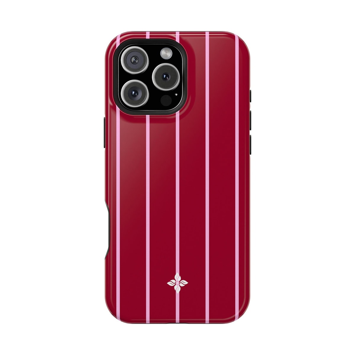 Luxury phone case with a stylish red background and elegant pink vertical stripe design, accented by a delicate white floral logo at the bottom, perfect for fashion-forward smartphone owners.