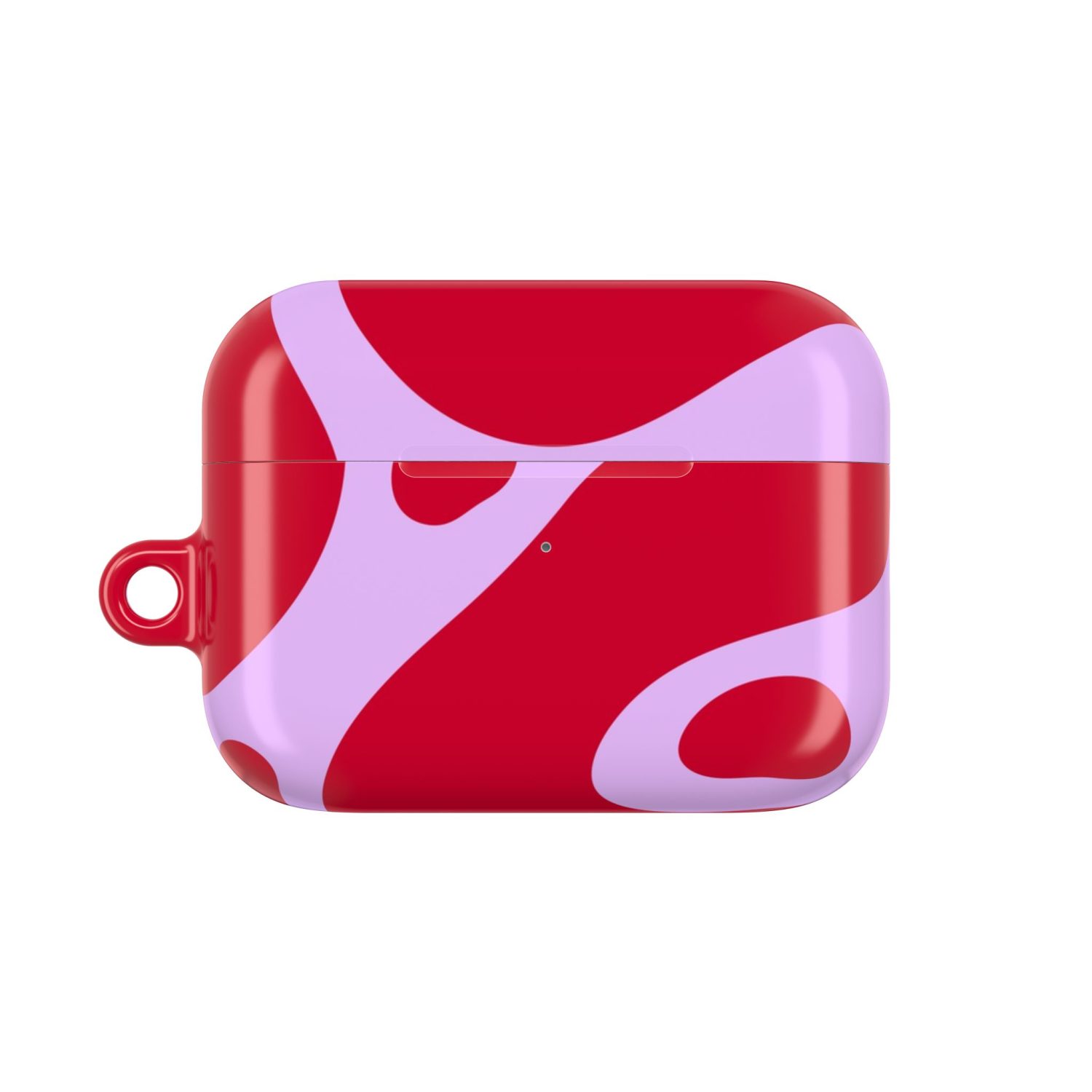 Vibrant red and pink abstract patterned AirPods case with a loop attachment for easy carrying. Perfect for stylish protection of your wireless earbuds.
