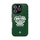 Positivity hearts crew phone case with uplifting message, designed for iPhone, featuring green color and motivational lettering for inspiring daily positivity and love.