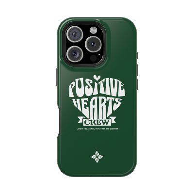 Positivity hearts crew phone case with uplifting message, designed for iPhone, featuring green color and motivational lettering for inspiring daily positivity and love.
