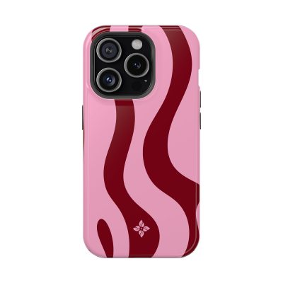 Aesthetic pink phone case with red wavy patterns and floral logo, designed for iPhone, offering stylish protection and a trendy accessory for smartphone customization.