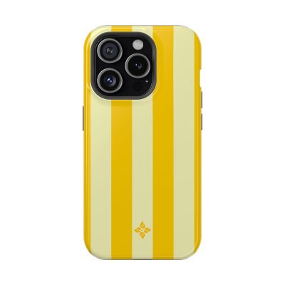 Yellow and cream striped phone case with floral logo design for iPhone.