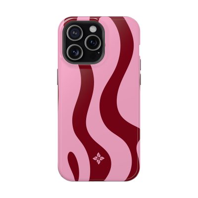Vibrant pink phone case with bold, wavy red design and floral logo for stylish protection, perfect for iPhone users seeking trendy, colorful accessories.