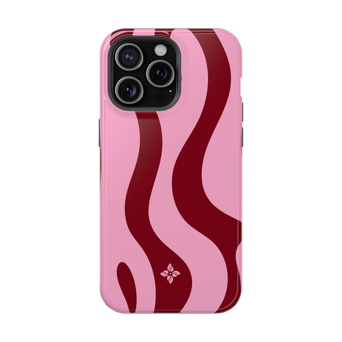 Vibrant pink phone case with bold, wavy red design and floral logo for stylish protection, perfect for iPhone users seeking trendy, colorful accessories.