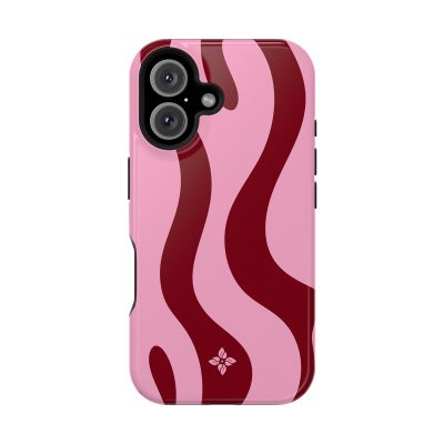 Vibrant pink and red zebra-striped phone case with a small floral logo, designed for iPhone models, offering stylish protection and a bold, fashionable look for mobile devices.