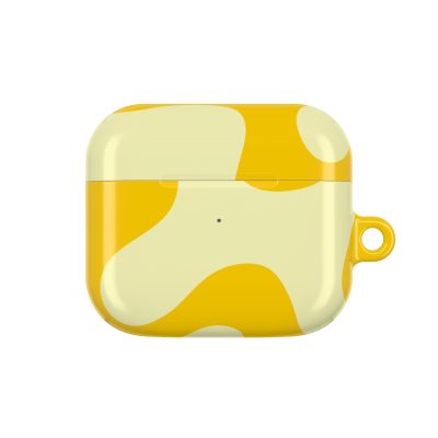 Vibrant yellow and white camouflage-patterned AirPods case with a small loop attachment, designed for stylish protection and easy carrying. Perfect for securing your wireless earbuds with a trendy look.