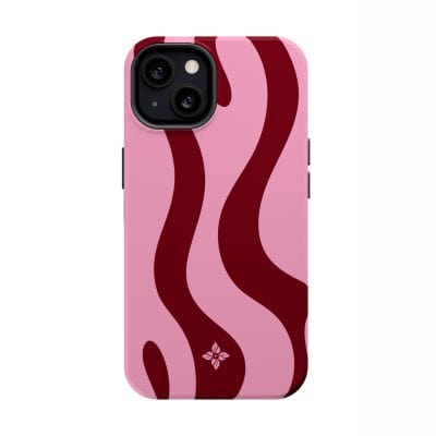 Vibrant pink and burgundy floral patterned phone case for iPhone with decorative flower emblem, stylish and protective design.