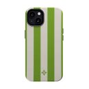 Vibrant green and white striped phone case with a small floral logo at the bottom, designed for protection and style, perfect for nature-inspired or eco-friendly aesthetics.