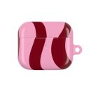Pink AirPods case with red candy cane stripes logo design, stylish and functional accessory for Apple AirPods. Perfect for adding a playful touch to your tech gear.