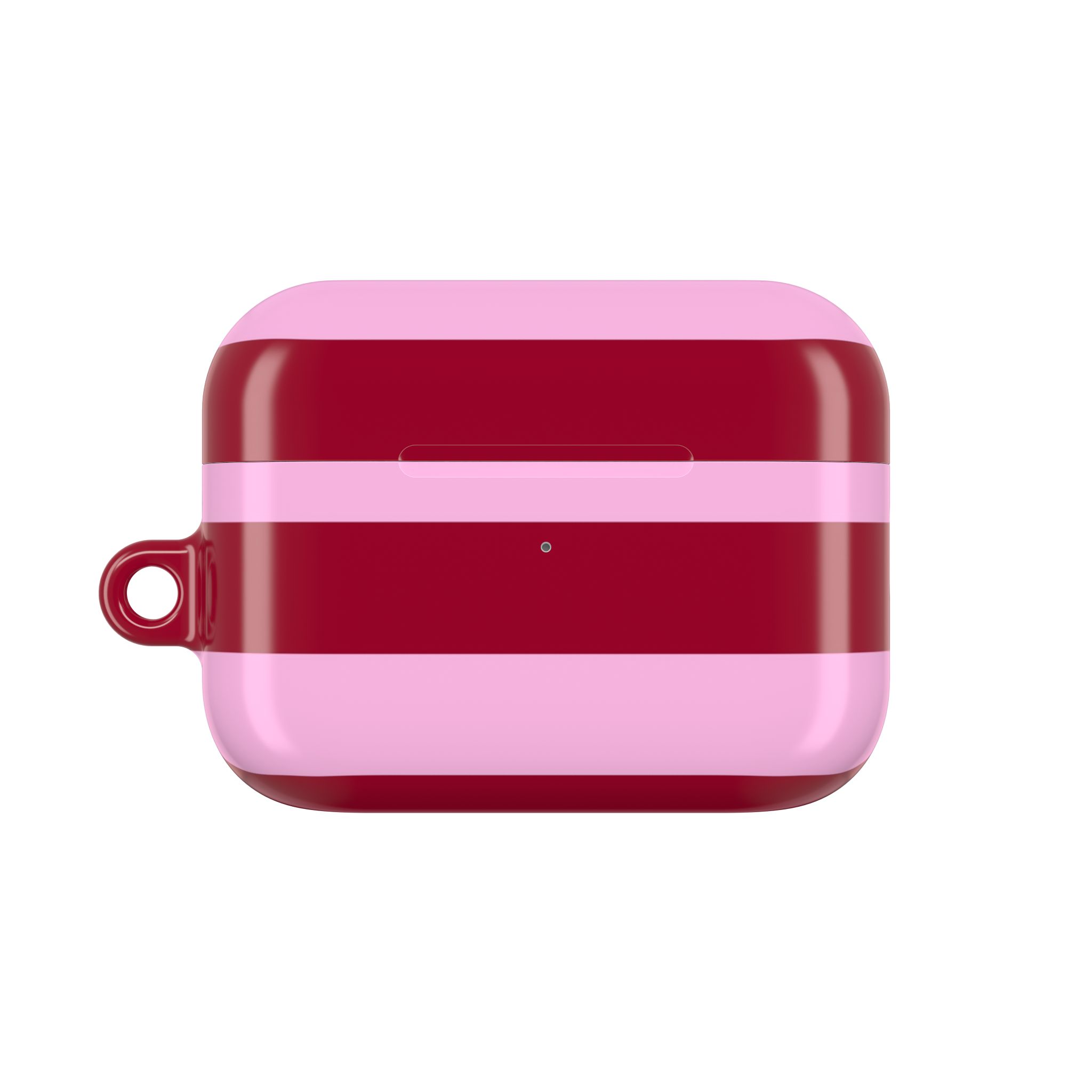 Red and pink striped wireless earbuds case with a loop attachment.