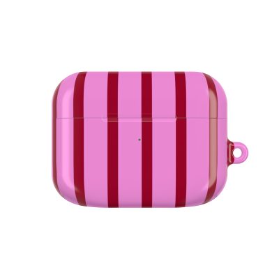 Vibrant pink and red striped AirPods case with a cute, playful design for a fun and stylish accessory. Perfect for protecting and customizing your wireless earbuds.