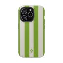 Vibrant green and white striped phone case with a small floral logo, designed for iPhone with triple-lens camera. Perfect for stylish protection and showcasing a love for nature-inspired accessories.