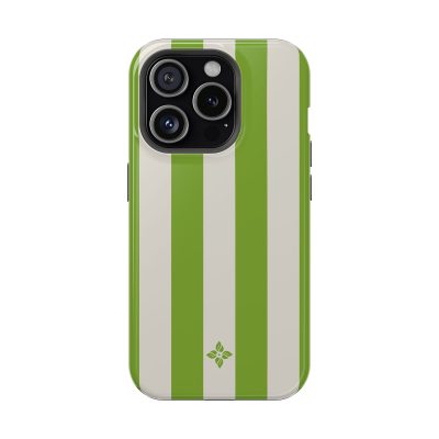Vibrant green and white striped phone case with a small floral logo, designed for iPhone with triple-lens camera. Perfect for stylish protection and showcasing a love for nature-inspired accessories.