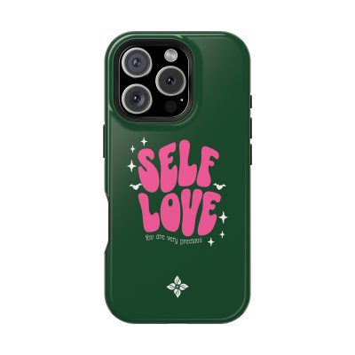 Self Love phone case with pink text and decorative elements on a green background.