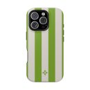 Vibrant green and white striped phone case with a small floral logo, designed for iPhone with multiple camera lenses, ideal for stylish and protective smartphone accessories.