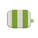 Bright green and white striped wireless earbud case, modern and portable design for stylish audio accessories.